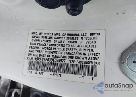 2013 Honda Civic Lx из США, поврежденный, VIN 19XFB2F53DE069927